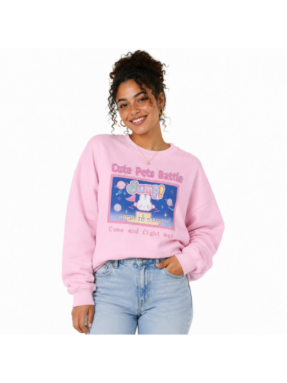 Women’s "Cute Pets Battle" Pastel Goth Harajuku Fashion Crewneck–Pink– XL – NWT
